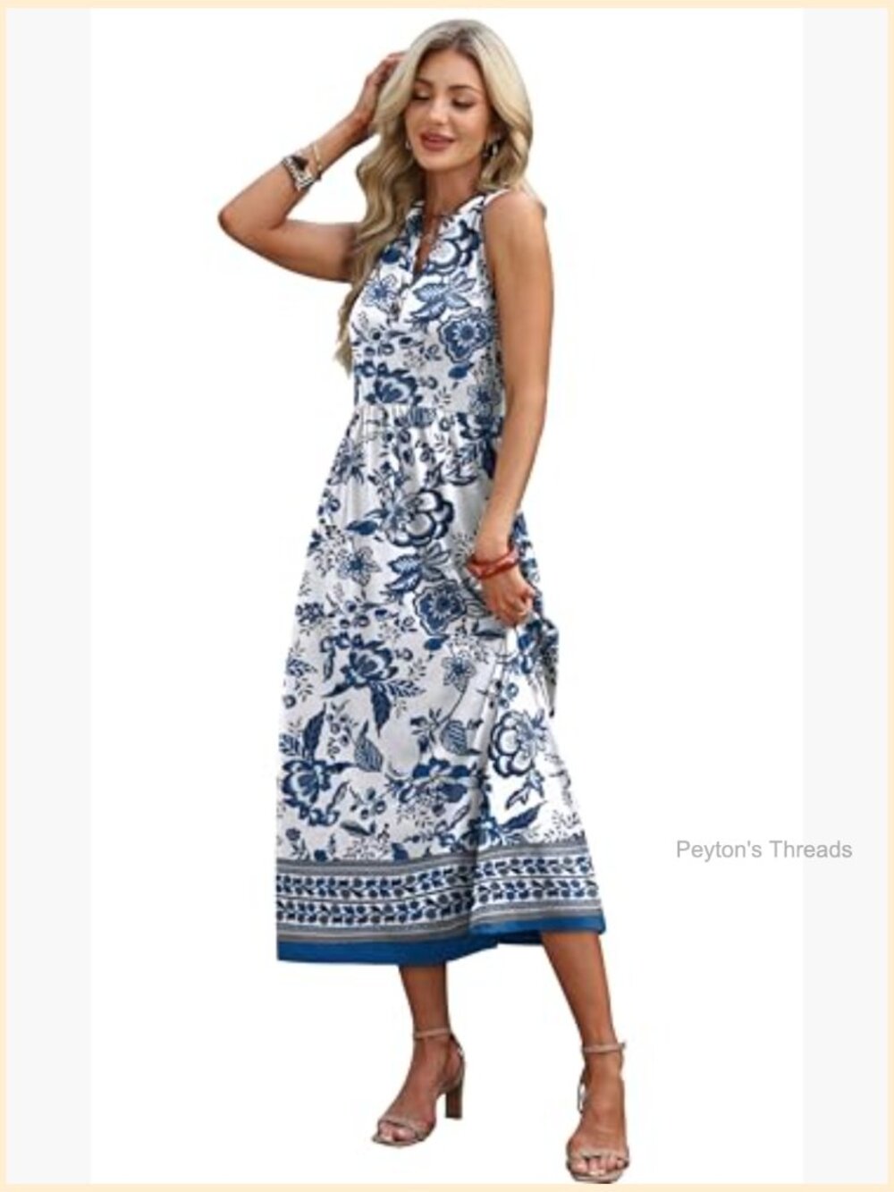 V-Neck Button Up Midi Dress with Pockets Sleeveless - Picture 4 of 7